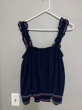 Crown and Ivy Navy Ruffled Tank Top with Stripe Trim and Ruffle Straps